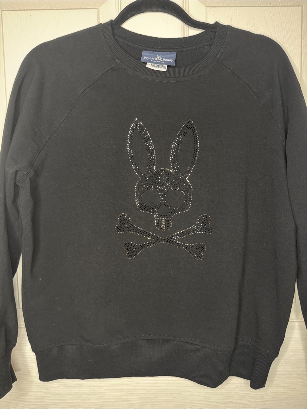 Psycho Bunny Black Crewneck Sweatshirt with Rhinestone Skull & Crossbones Bunny
